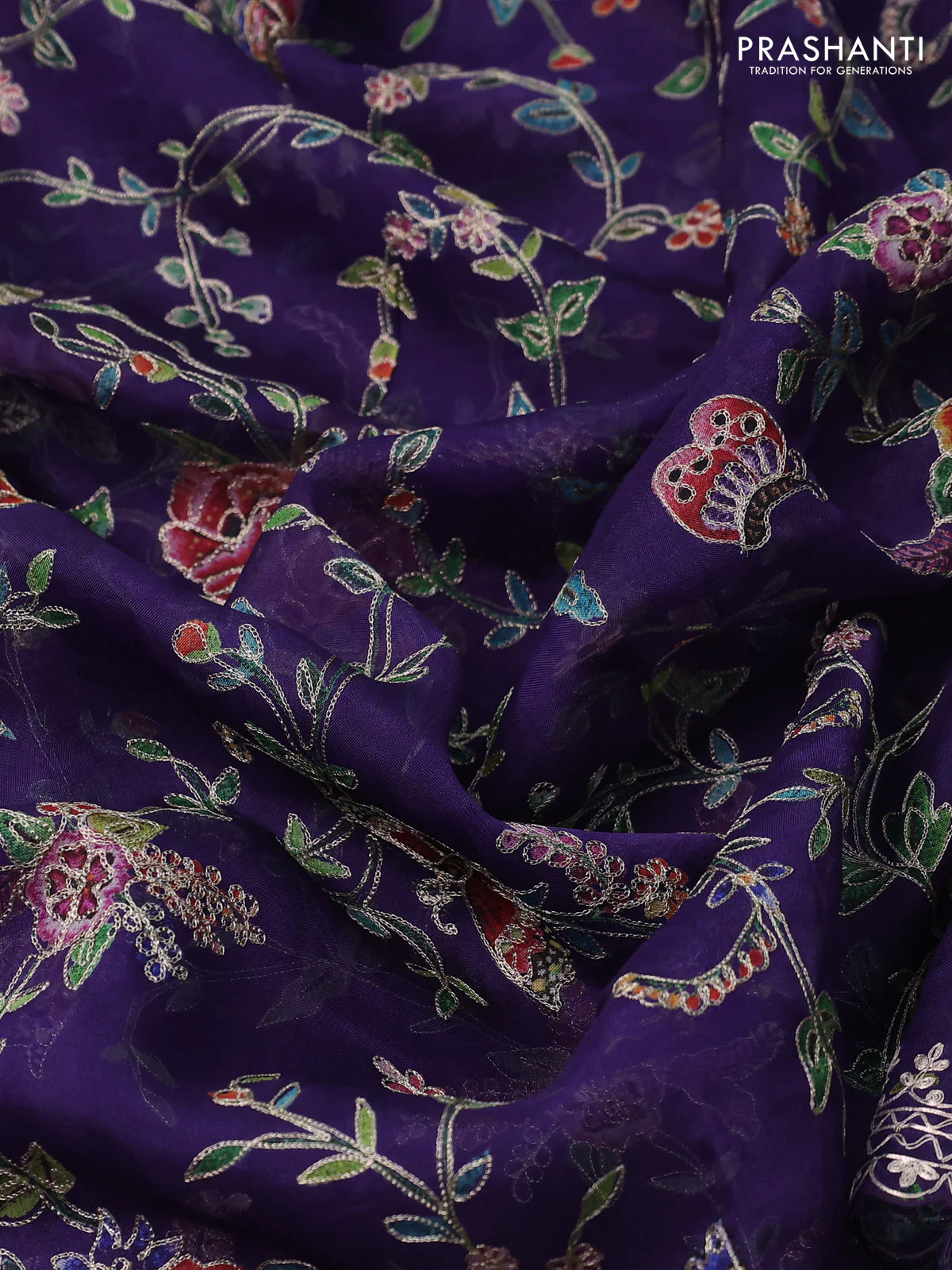 Pure organza silk saree violet with allover prints & pita work and embroidery border - Image 3