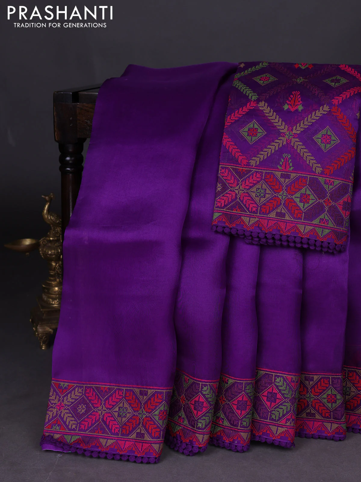 Pure organza silk saree violet with plain body and embroidery work border