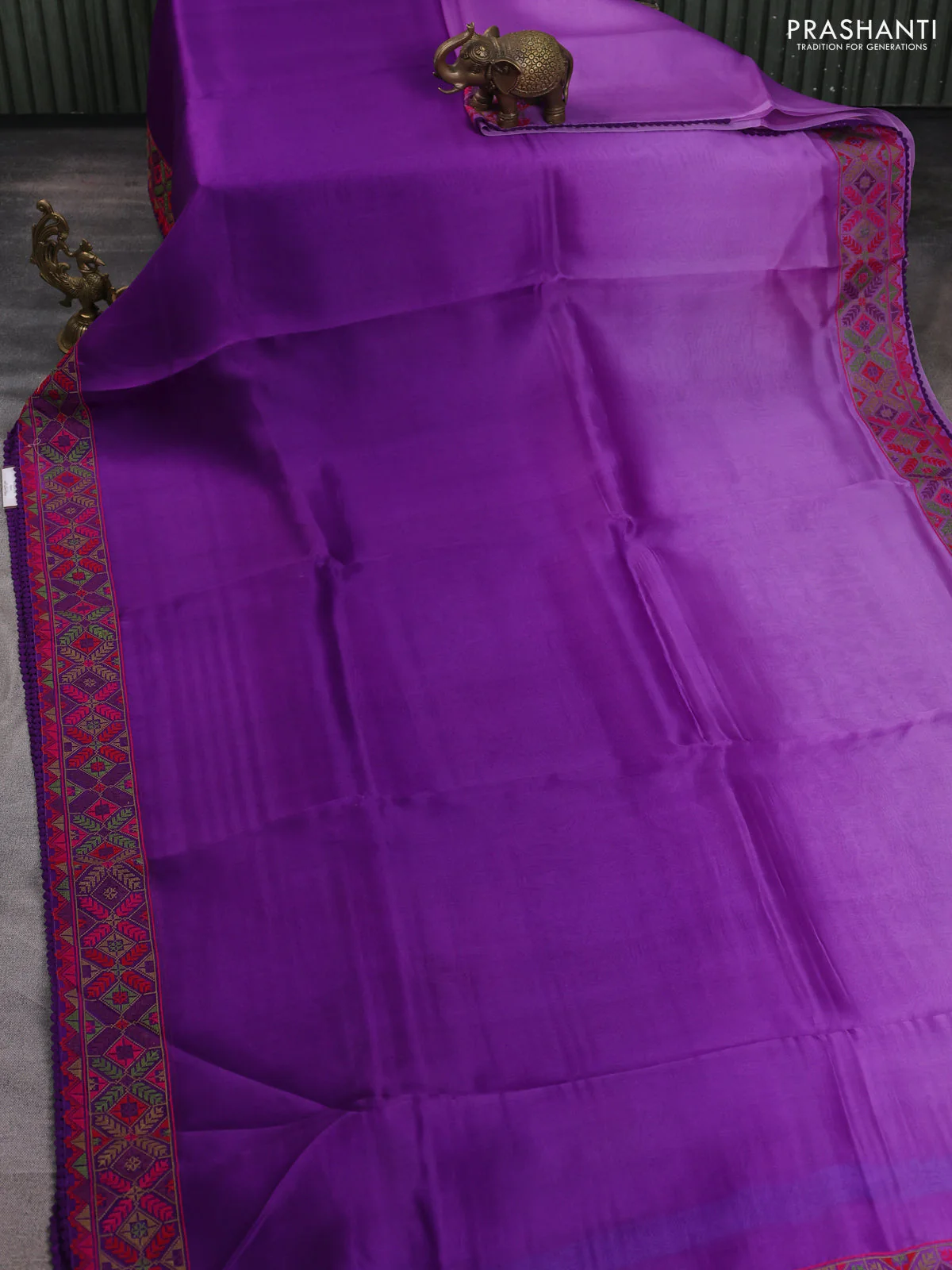 Pure organza silk saree violet with plain body and embroidery work border - Image 2