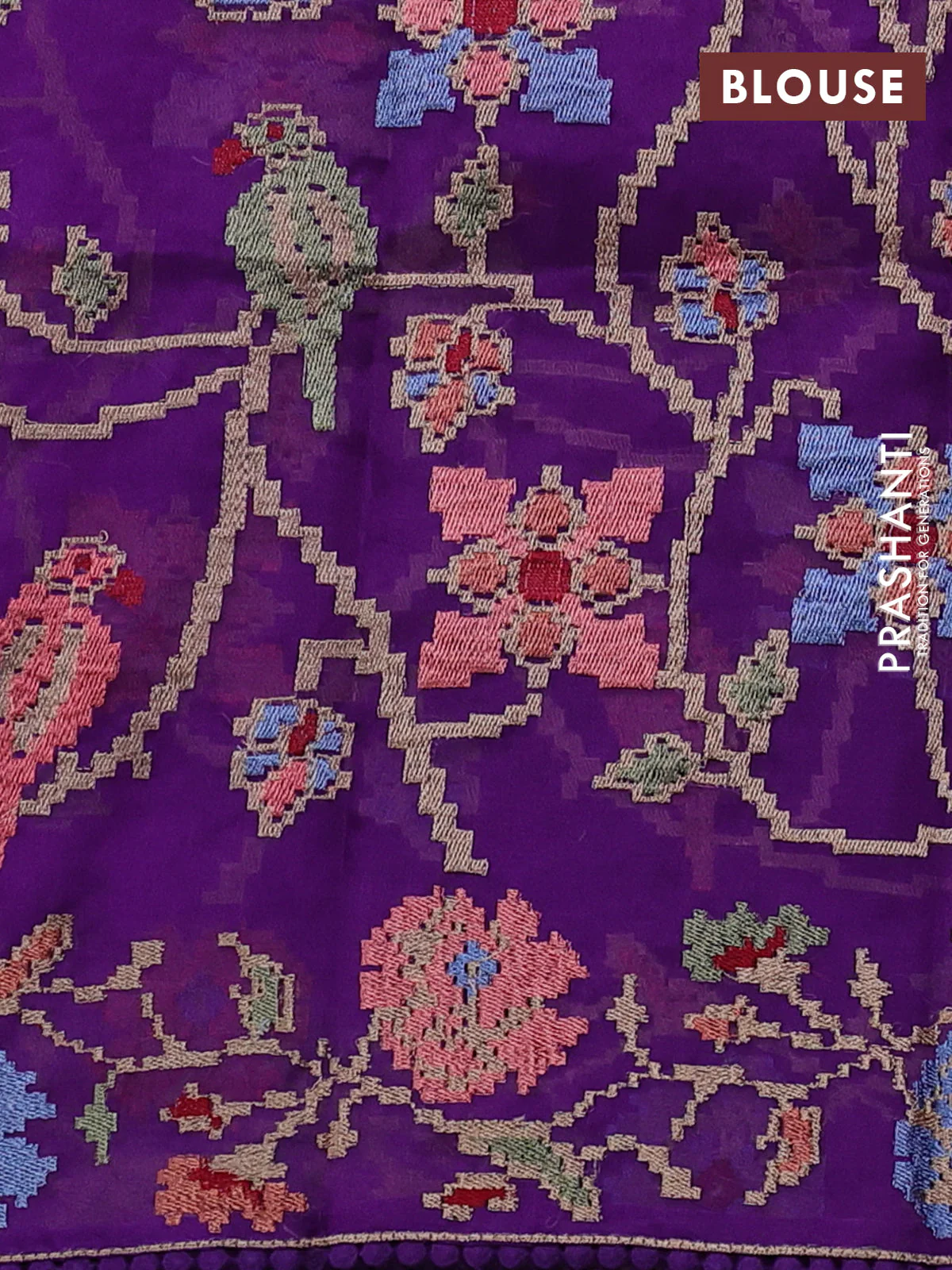 Pure organza silk saree violet with plain body and floral embroidery border - Image 3