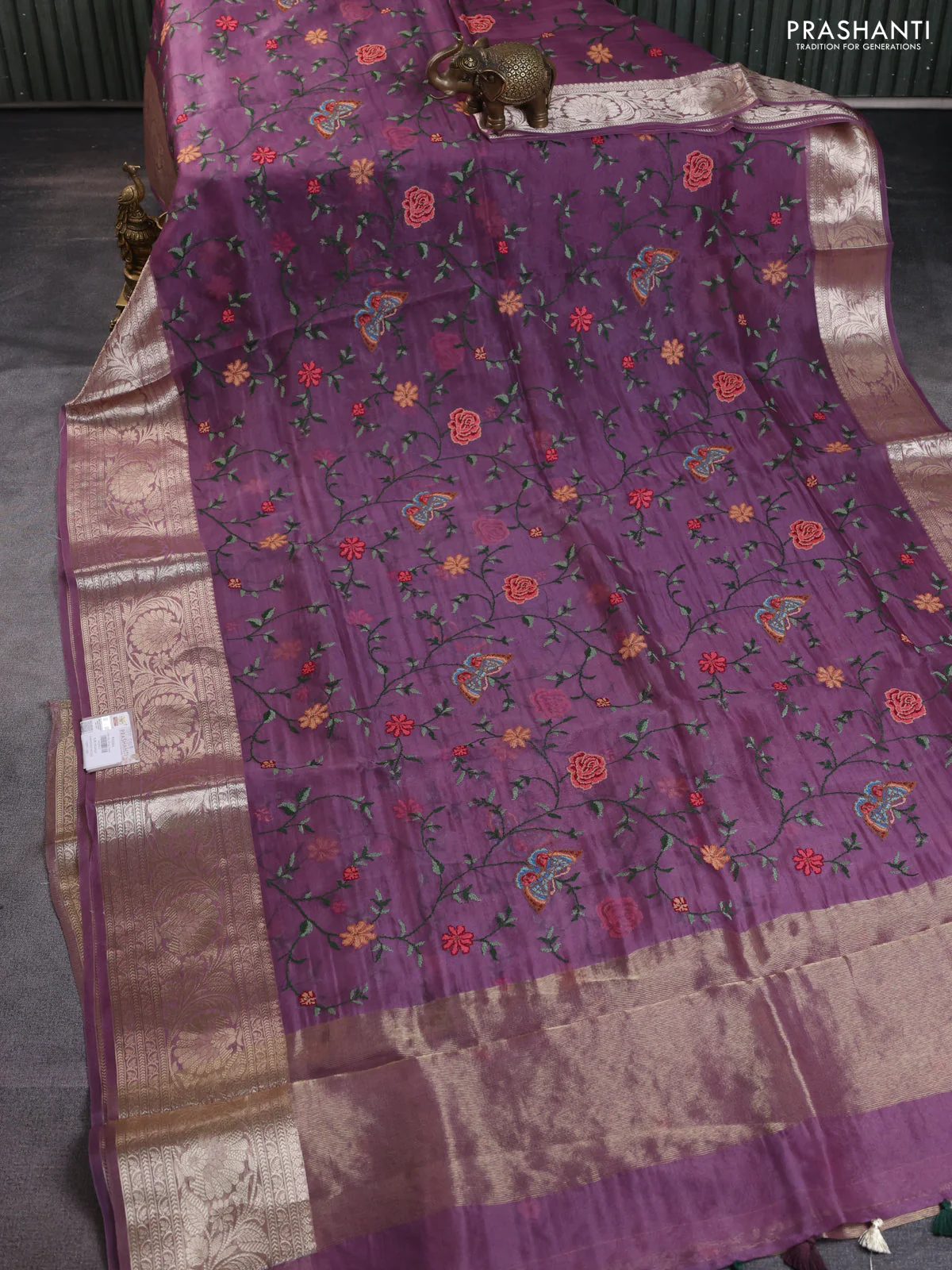 Pure organza silk saree wine shade with allover floral embroidery and long zari woven border - Image 2