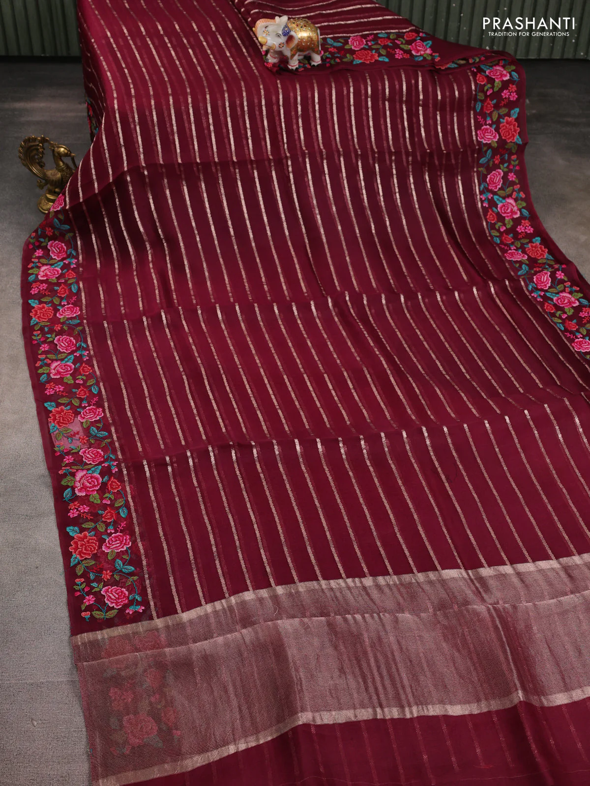 Pure organza silk saree wine shade with allover zari weaves and floral convent embroiderey border - Image 2