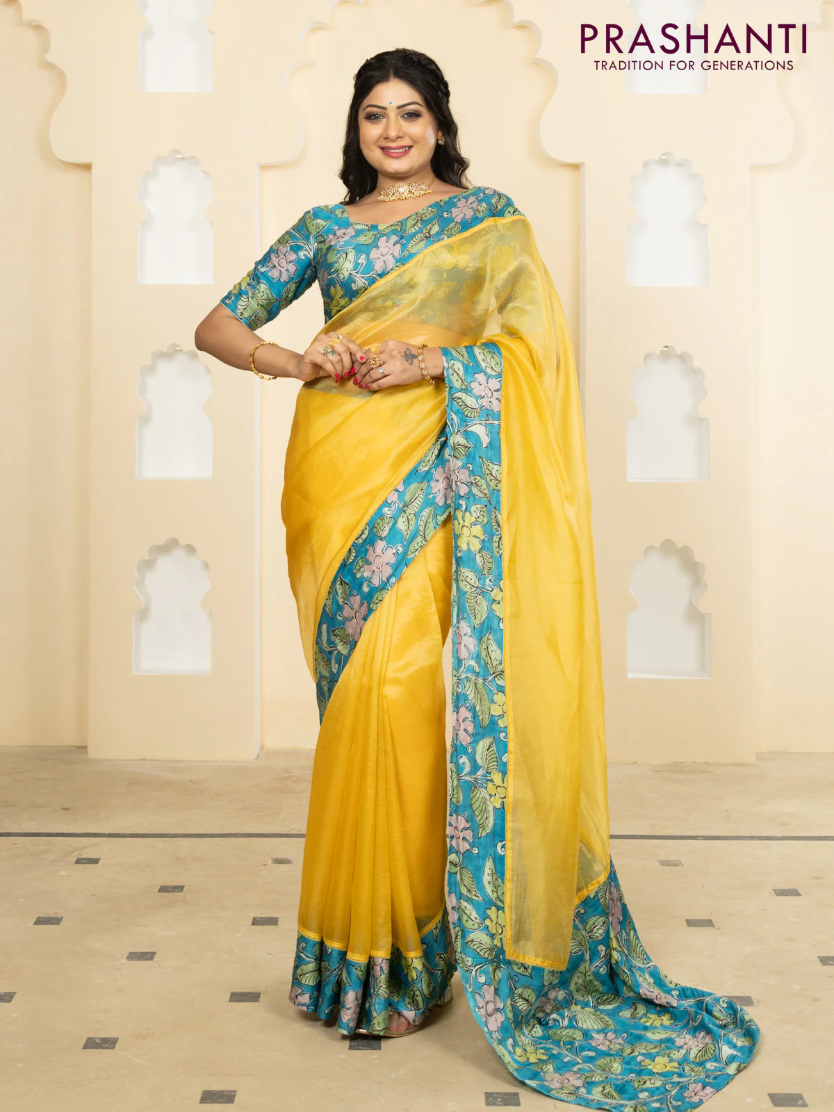Pure organza silk saree yellow and cs blue with plain body and kalamkari printed pita work border - Image 2