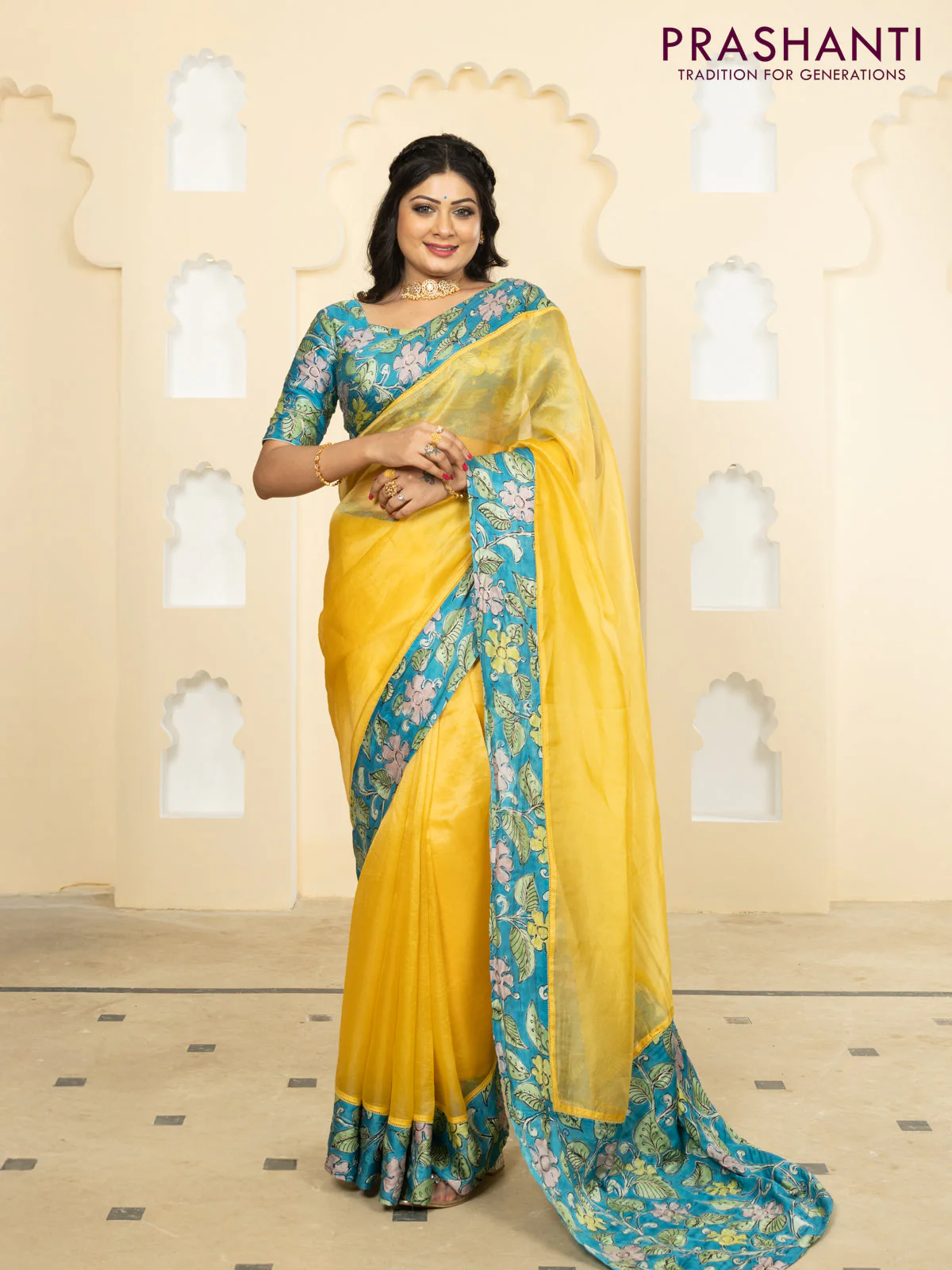 Pure organza silk saree yellow and cs blue with plain body and kalamkari printed pita work border - Image 3