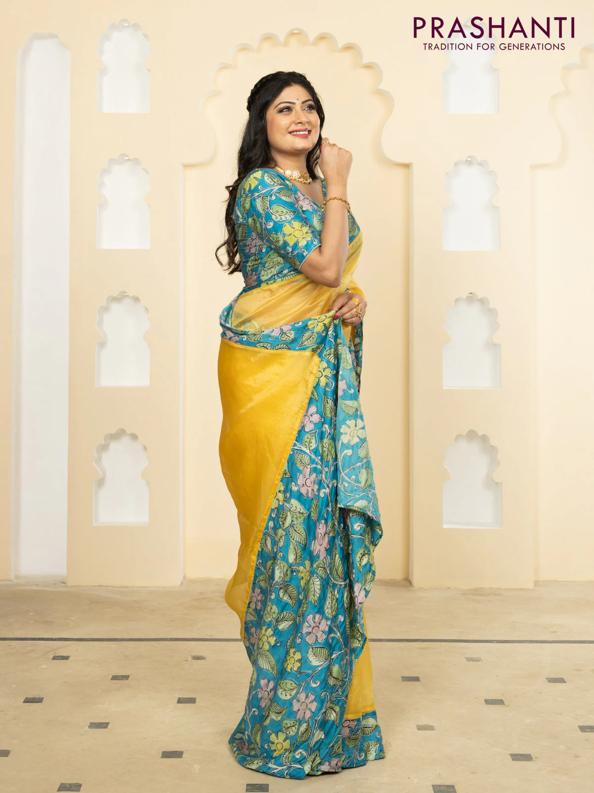 Pure organza silk saree yellow and cs blue with plain body and kalamkari printed pita work border - Image 4