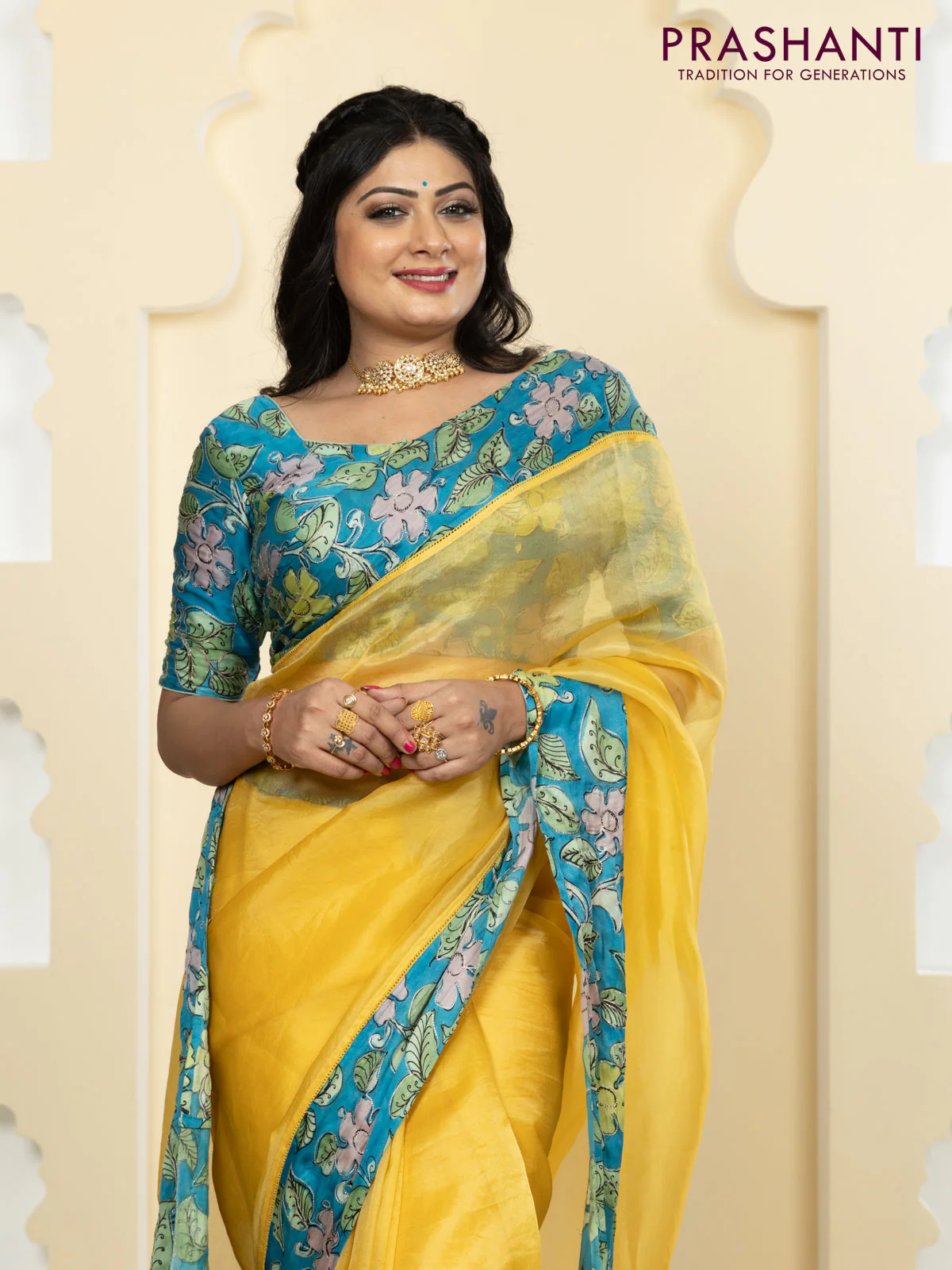 Pure organza silk saree yellow and cs blue with plain body and kalamkari printed pita work border - Image 5