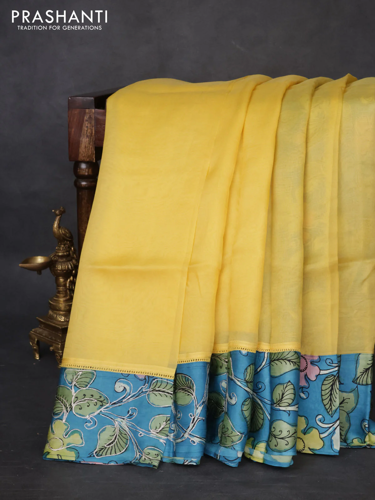 Pure organza silk saree yellow and cs blue with plain body and kalamkari printed pita work border - Image 6