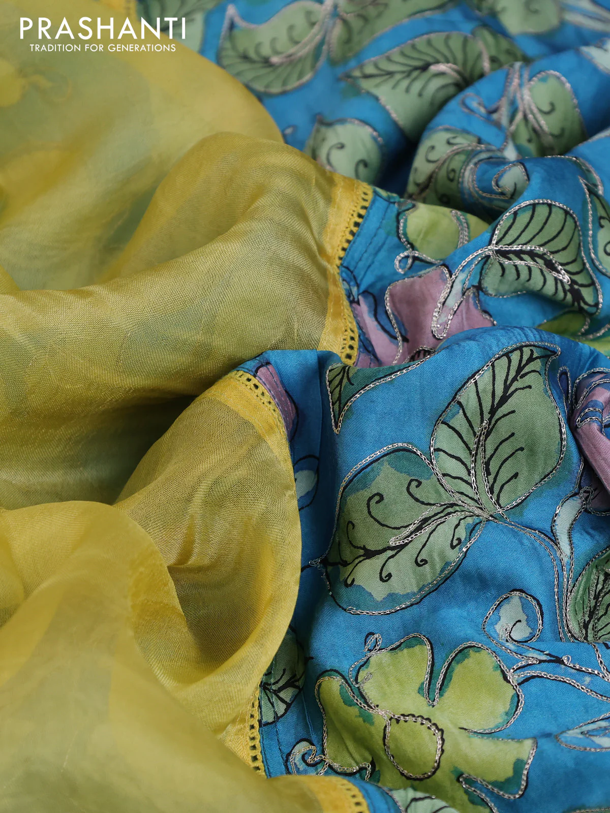 Pure organza silk saree yellow and cs blue with plain body and kalamkari printed pita work border - Image 8