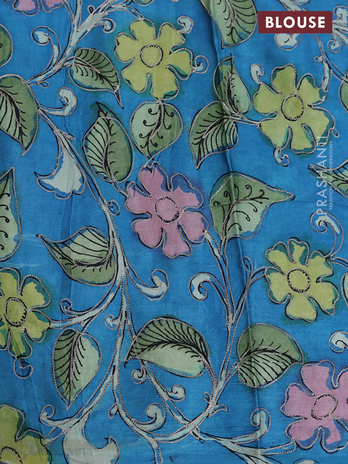 Pure organza silk saree yellow and cs blue with plain body and kalamkari printed pita work border - Image 9