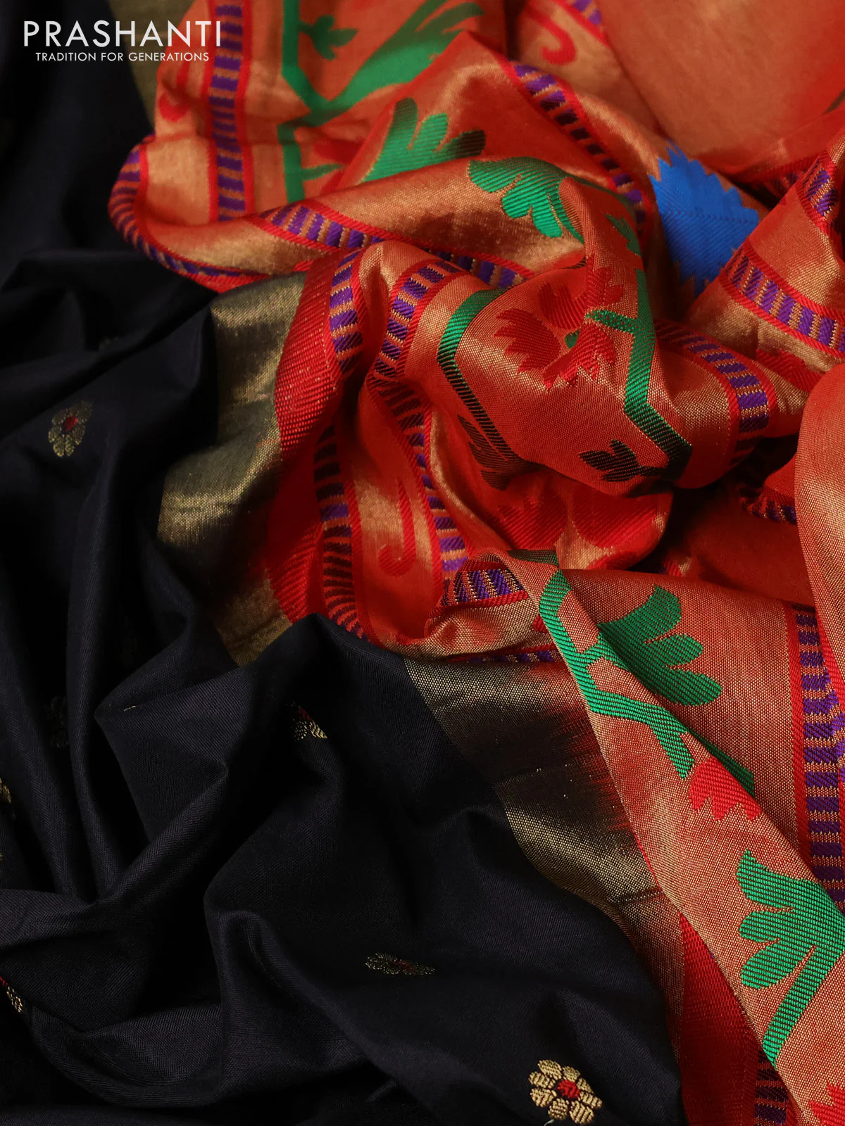 Pure paithani silk saree black and red with allover zari woven floral buttas and zari woven muniya butta border - Image 3