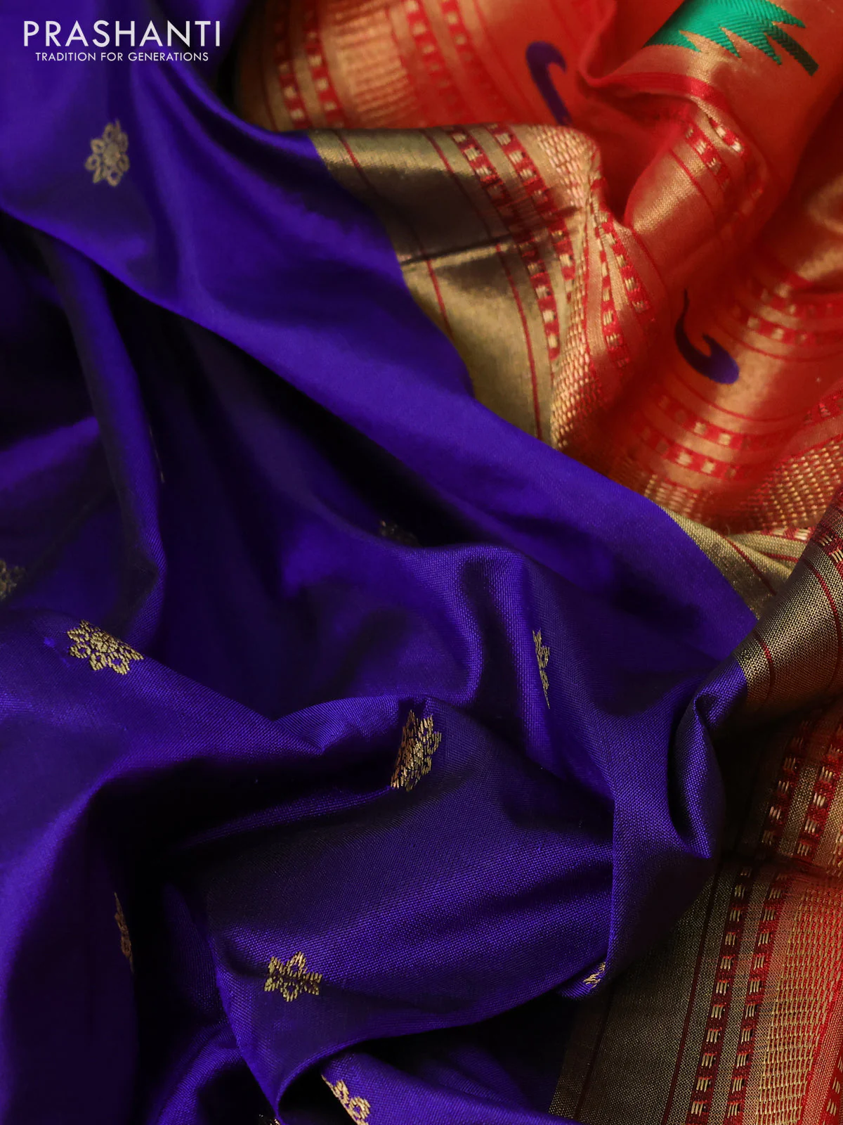 Pure paithani silk saree blue and red with allover zari woven buttas and paithani weaving pallu - Image 3