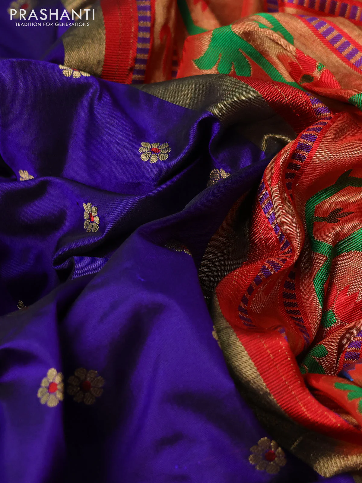 Pure paithani silk saree blue and red with allover zari woven floral buttas and zari woven muniya butta border - Image 3