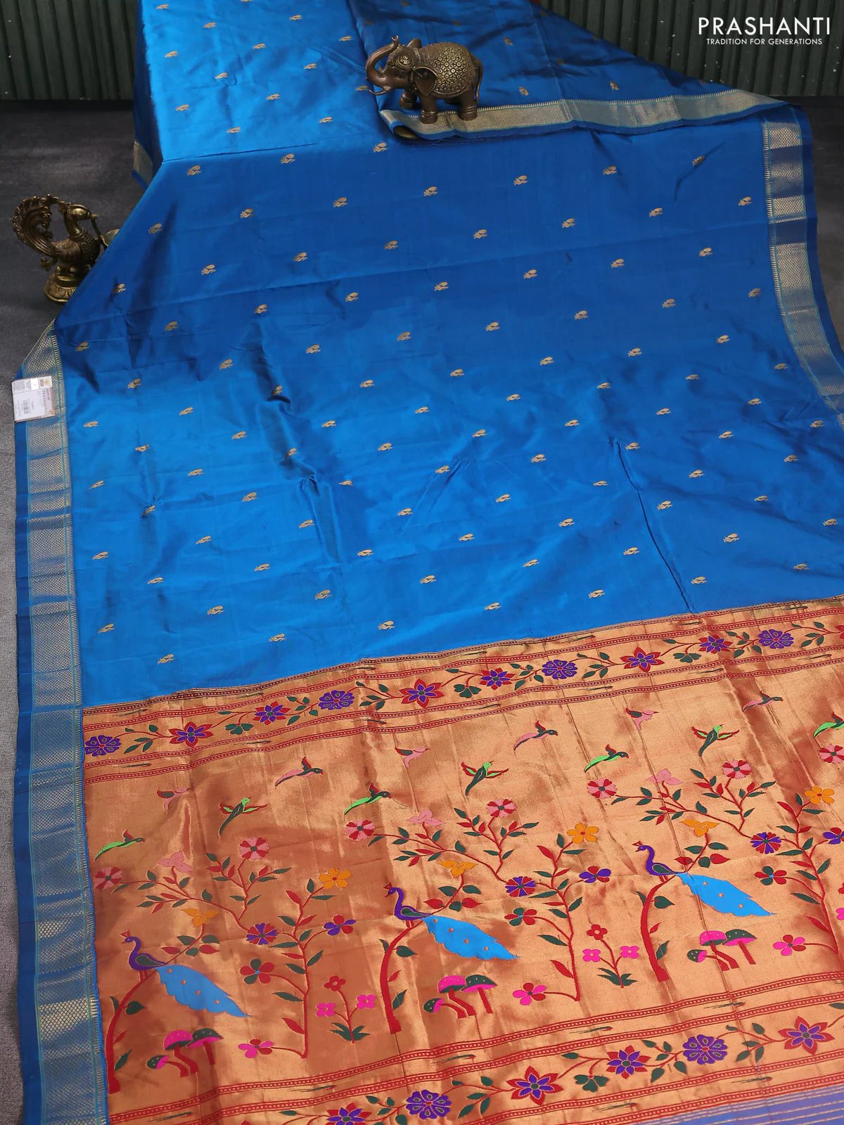 Pure paithani silk saree cs blue with annam zari woven buttas and zari woven border - Image 2