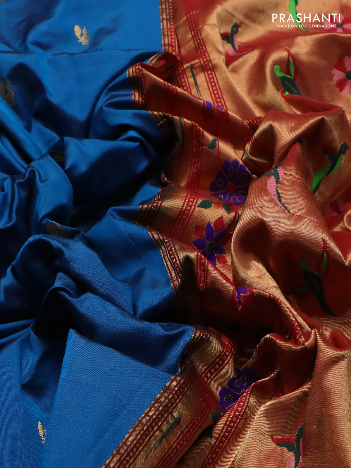 Pure paithani silk saree cs blue with annam zari woven buttas and zari woven border - Image 3