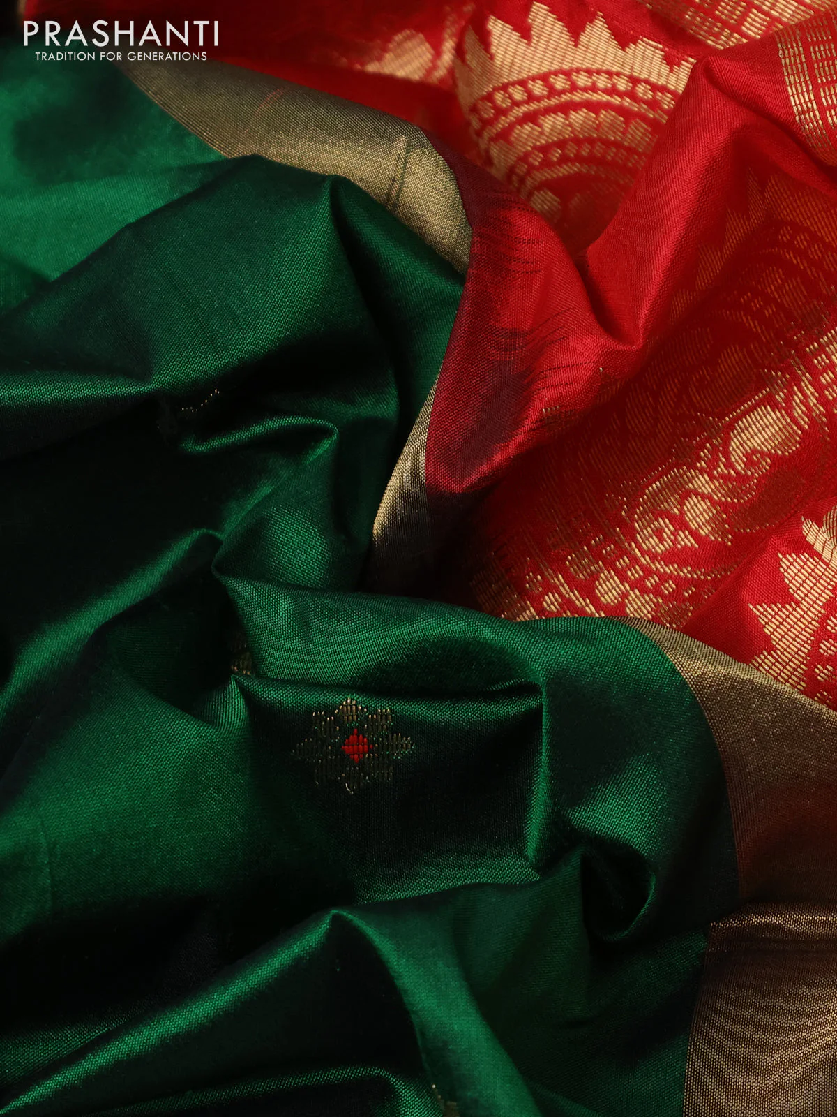 Pure paithani silk saree dark green and red with allover floral zari woven buttas and paithani weaving pallu - Image 3