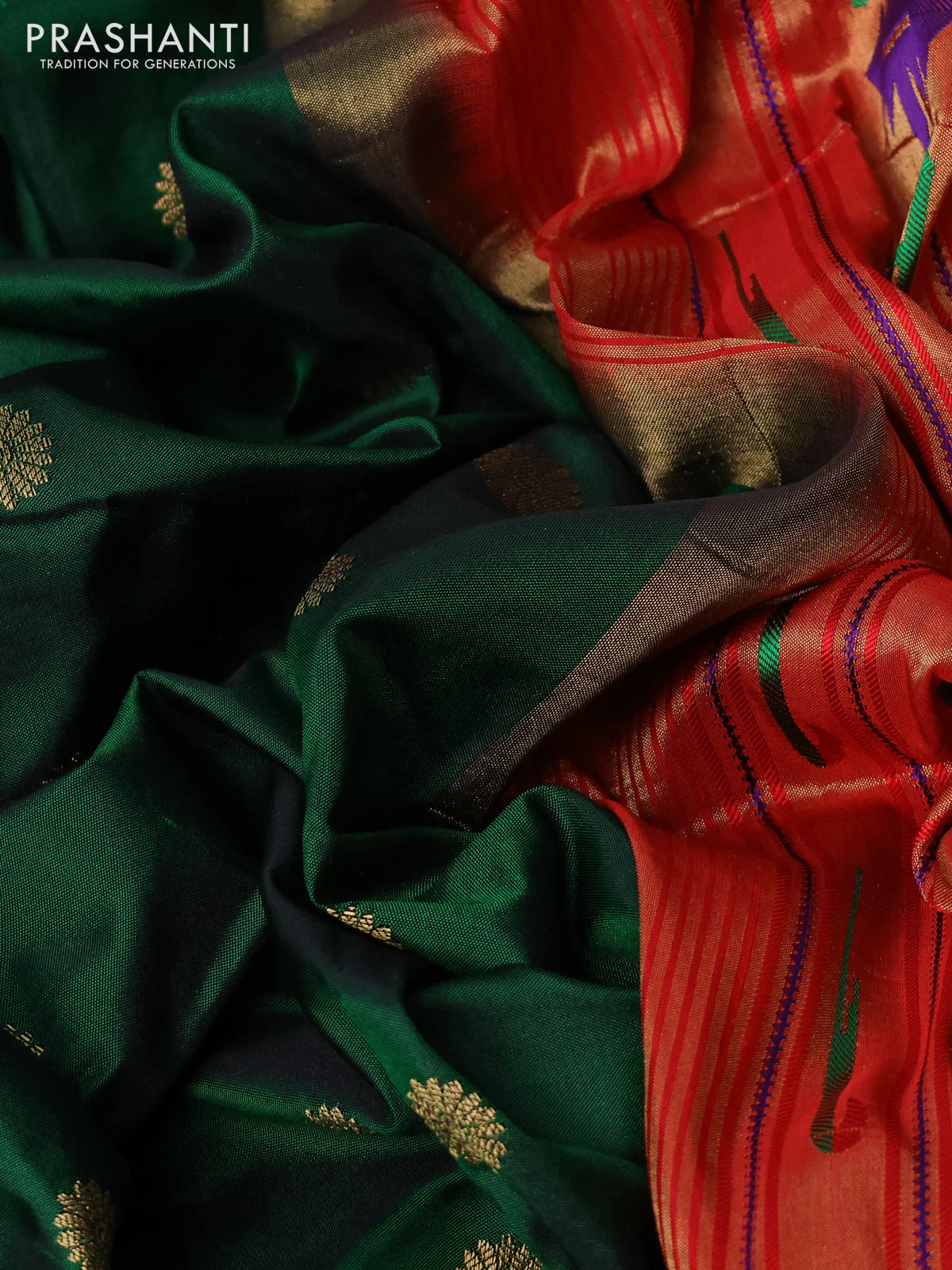 Pure paithani silk saree dark green and red with allover zari woven floral buttas and zari woven muniya butta border - Image 3