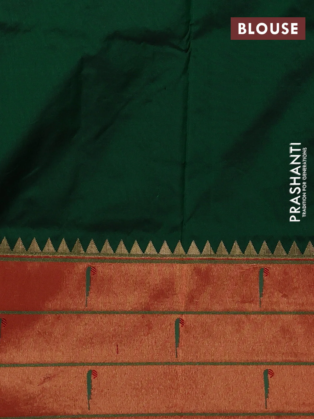 Pure paithani silk saree dark green and red with allover zari woven floral buttas and zari woven muniya butta border - Image 4