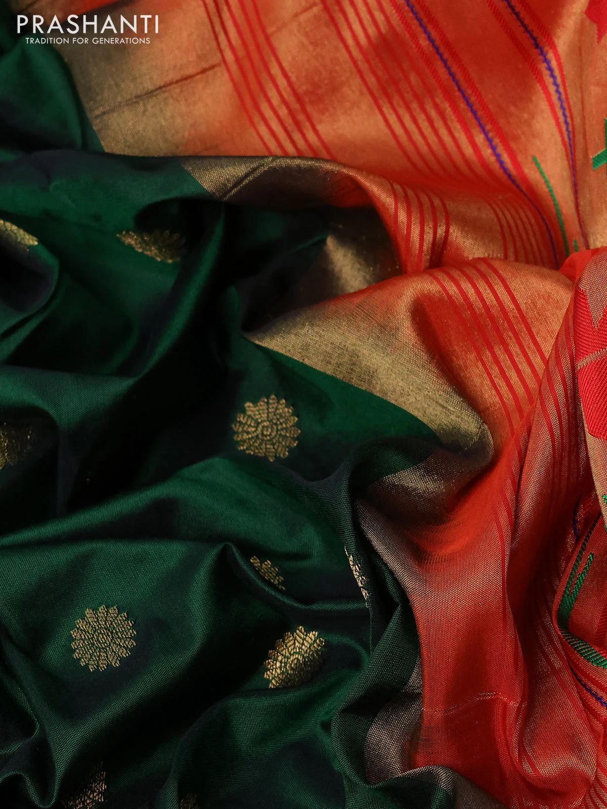 Pure paithani silk saree dark green and red with allover zari woven floral buttas and zari woven muniya butta border - Image 3