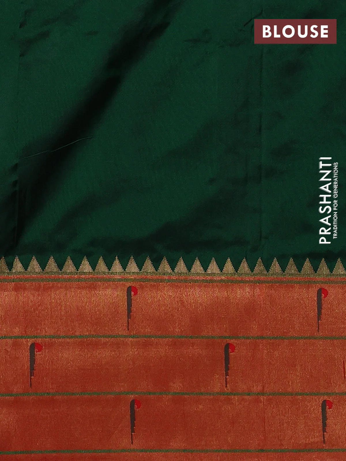 Pure paithani silk saree dark green and red with allover zari woven floral buttas and zari woven muniya butta border - Image 4