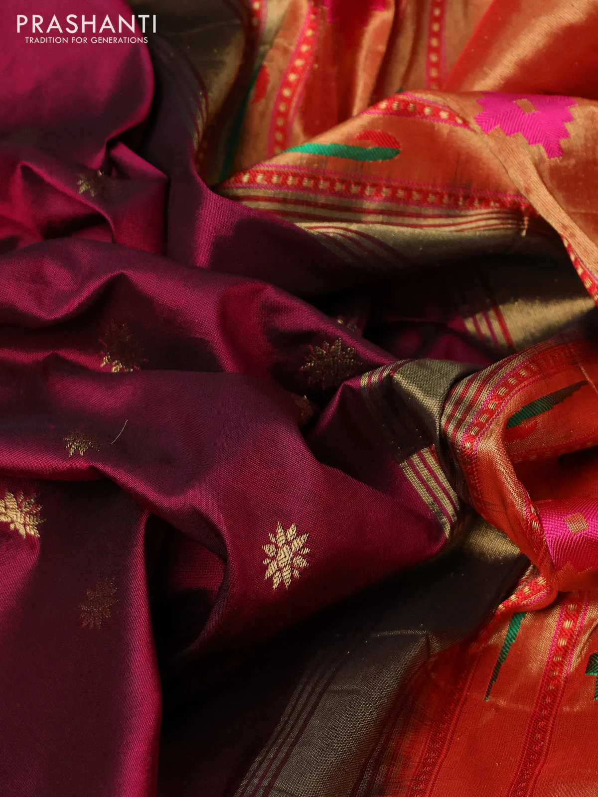 Pure paithani silk saree dark magenta pink and red with allover zari woven buttas and zari woven muniya butta border - Image 3