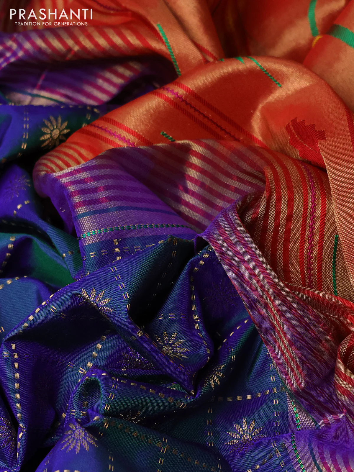 Pure paithani silk saree dual shade of blue and red with allover zari checks & buttas and zari woven muniya butta border - Image 3