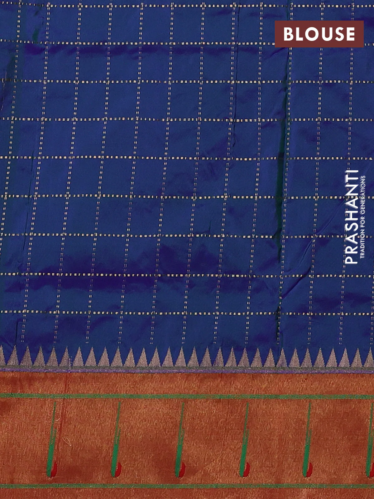 Pure paithani silk saree dual shade of blue and red with allover zari checks & buttas and zari woven muniya butta border - Image 4