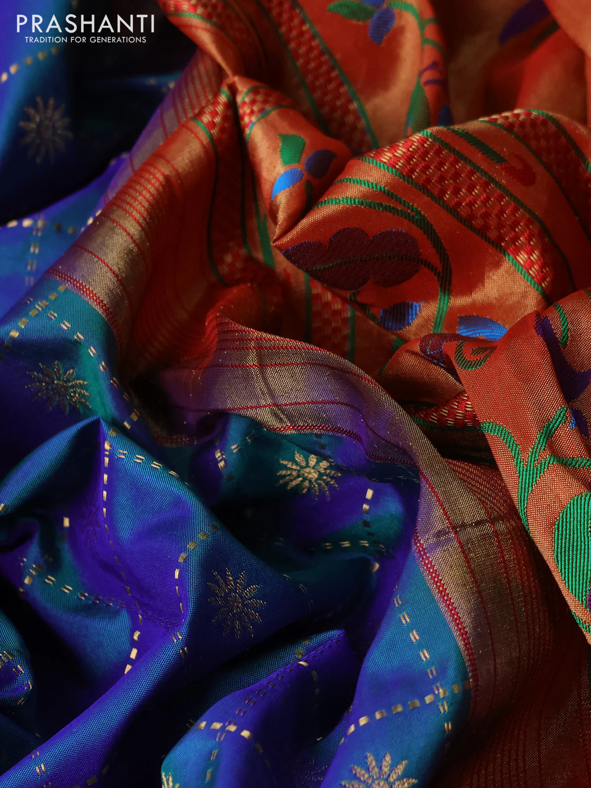 Pure paithani silk saree dual shade of bluish green and red with allover zari checks & buttas and zari woven muniya butta border - Image 3