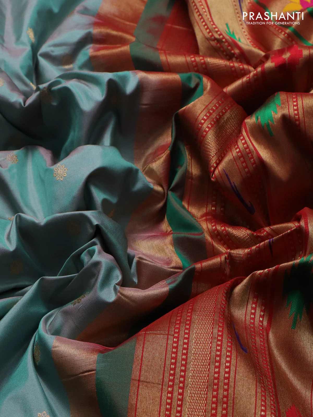 Pure paithani silk saree dual shade of greyish green and teal green with zari woven buttas and zari woven korvai border - Image 3