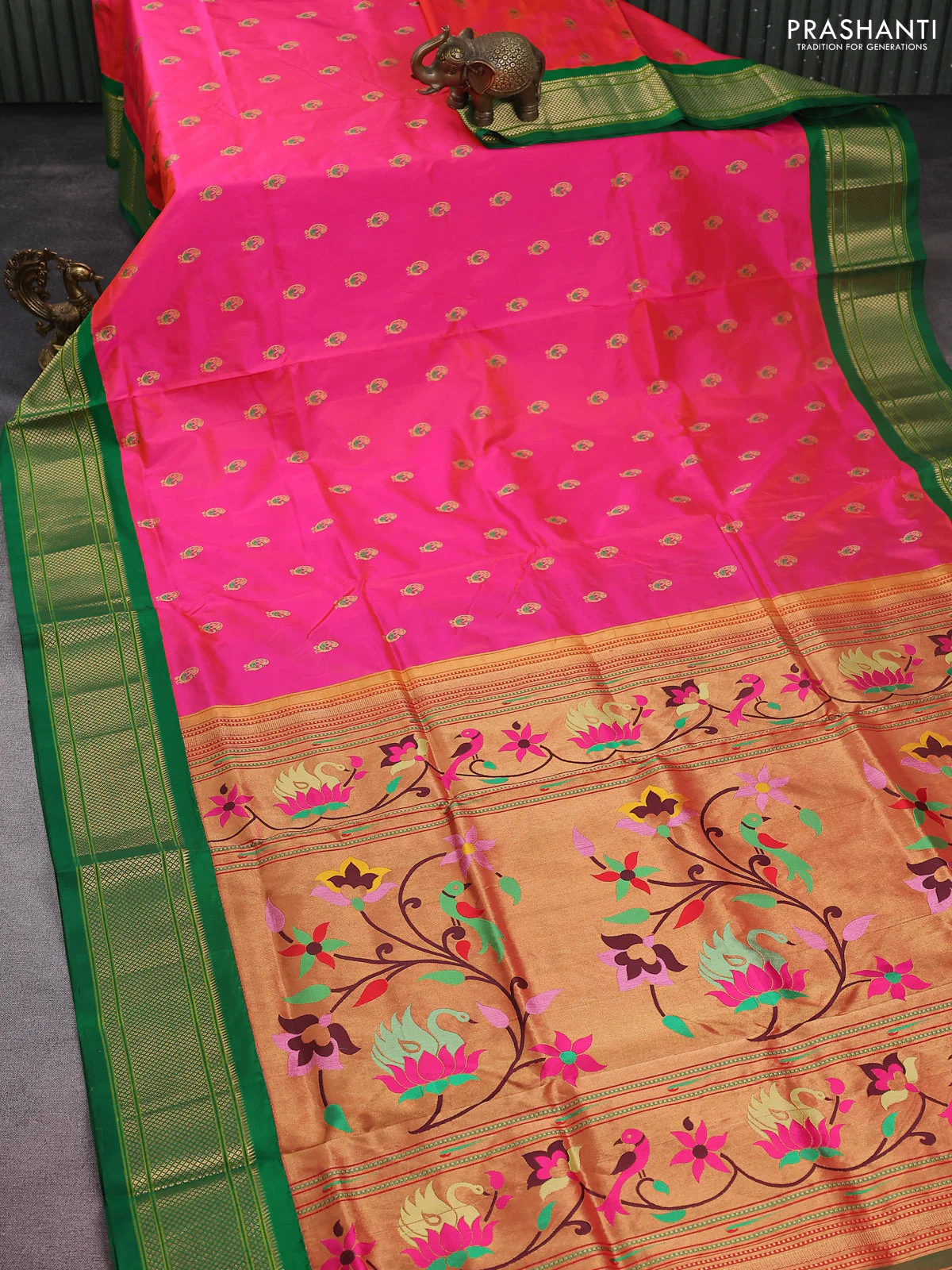 Pure paithani silk saree dual shade of pink and green with allover zari woven annam buttas and paithani weaving pallu - Image 2