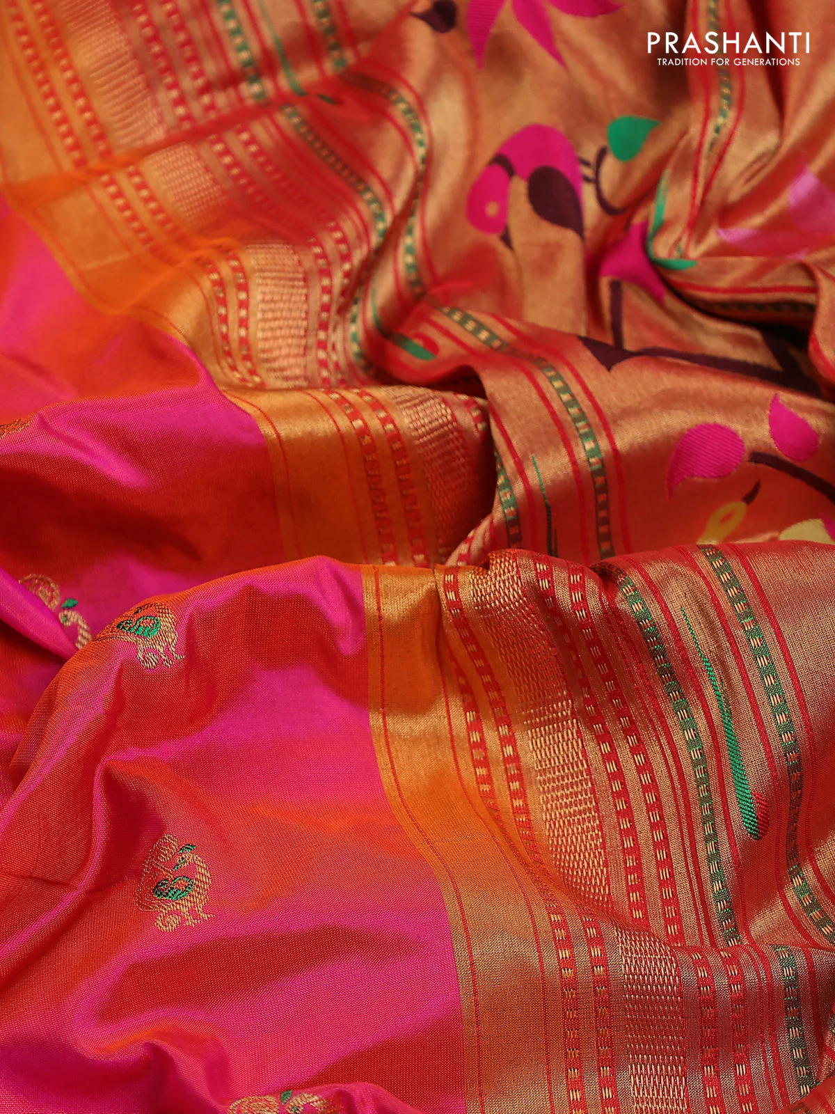 Pure paithani silk saree dual shade of pink and green with allover zari woven annam buttas and paithani weaving pallu - Image 3