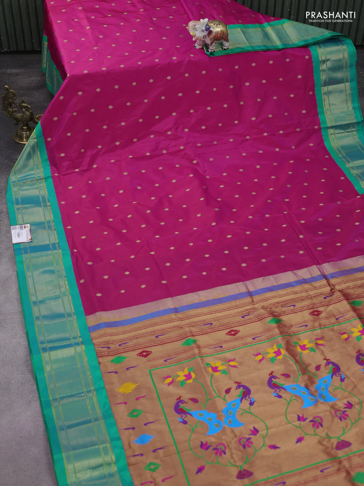 Pure paithani silk saree dual shade of pink and teal bluish green with allover zari woven buttas and paithani weaveing pallu