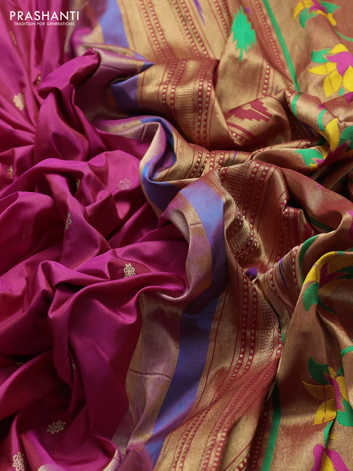 Pure paithani silk saree dual shade of pink and teal bluish green with allover zari woven buttas and paithani weaveing pallu - Image 3