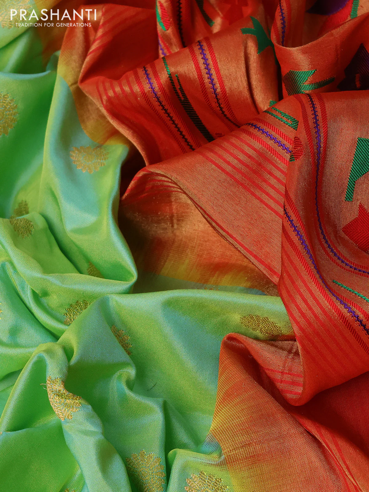Pure paithani silk saree dual shade of pista green and red with allover zari woven floral buttas and zari woven muniya butta border - Image 3