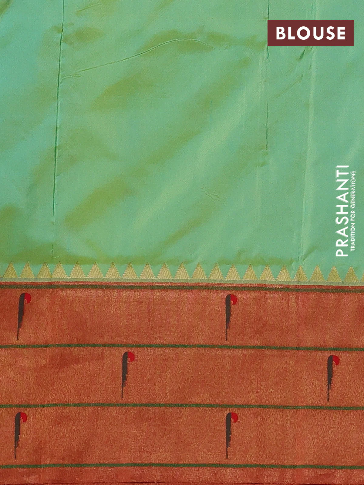 Pure paithani silk saree dual shade of pista green and red with allover zari woven floral buttas and zari woven muniya butta border - Image 4