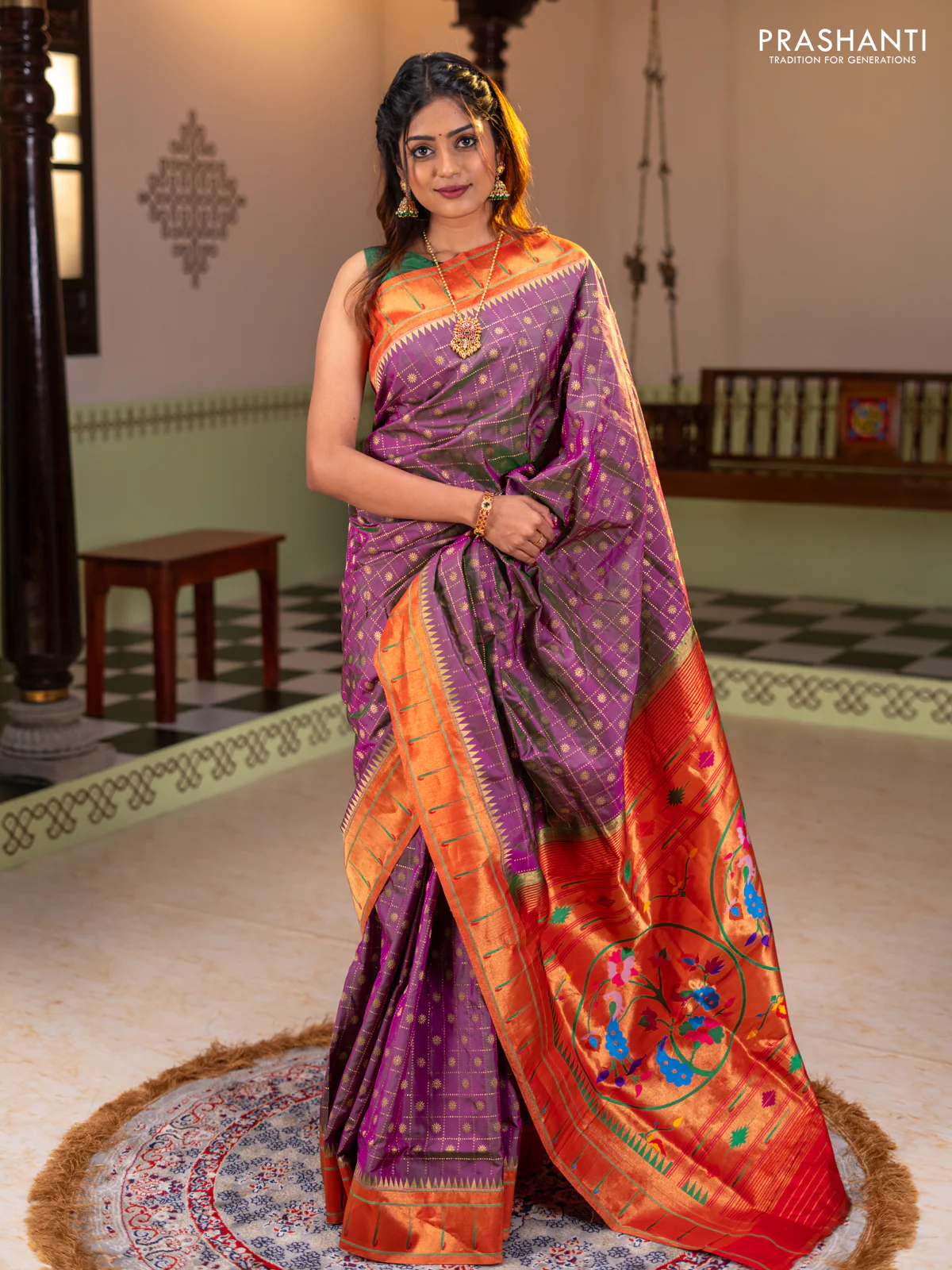 Pure paithani silk saree dual shade of purple and red with allover zari checks & buttas and zari woven muniya butta border