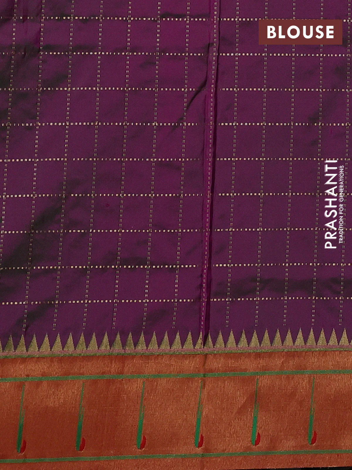Pure paithani silk saree dual shade of purple and red with allover zari checks & buttas and zari woven muniya butta border - Image 10