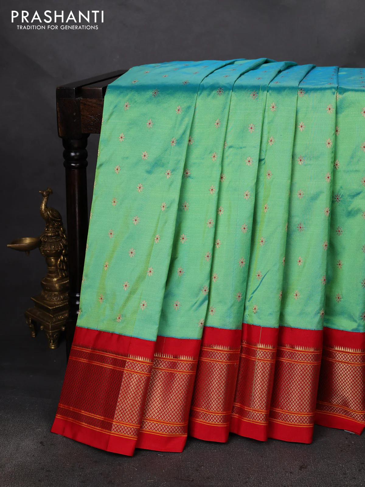Pure paithani silk saree dual shade of teal and red with allover zari woven buttas and paithani weaving pallu - Image 2