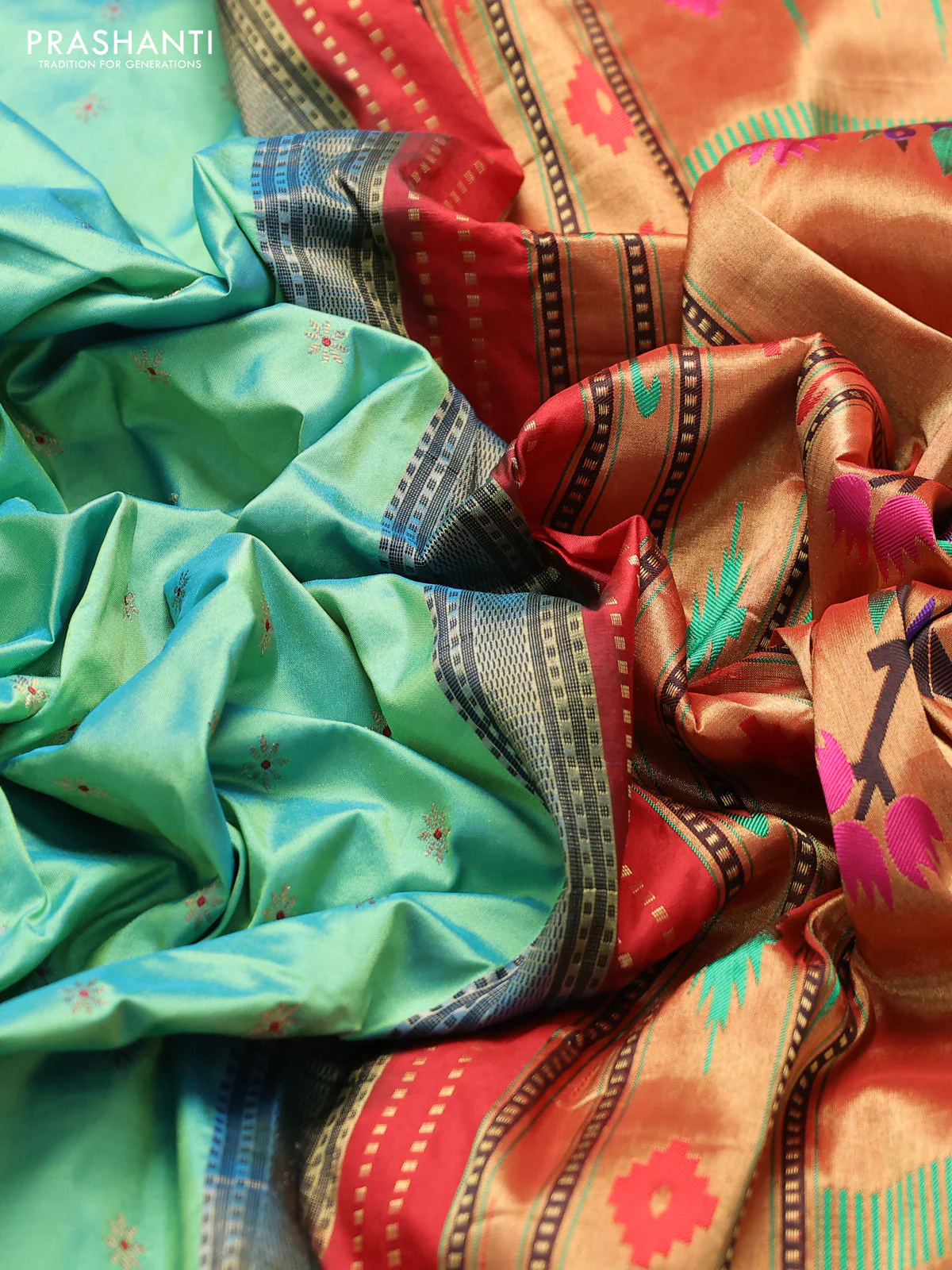 Pure paithani silk saree dual shade of teal and red with allover zari woven buttas and paithani weaving pallu - Image 3
