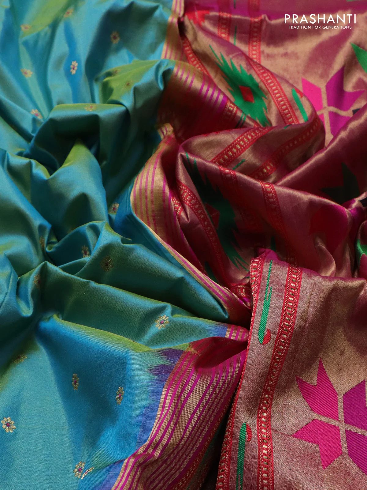 Pure paithani silk saree dual shade of teal blue and pink with zari woven buttas and zari woven korvai border - Image 3