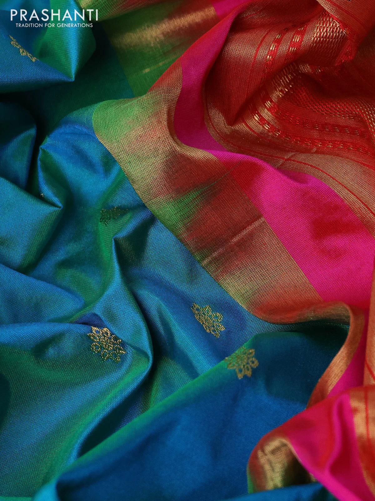 Pure paithani silk saree dual shade of teal bluish green and pink with allover zari woven buttas and paithani weaving pallu - Image 3