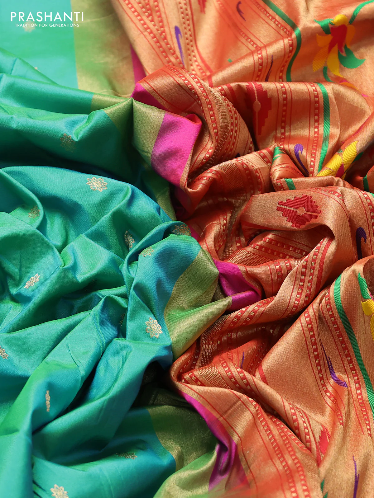 Pure paithani silk saree dual shade of teal bluish green and pink with allover zari woven buttas and paithani weaving pallu - Image 3