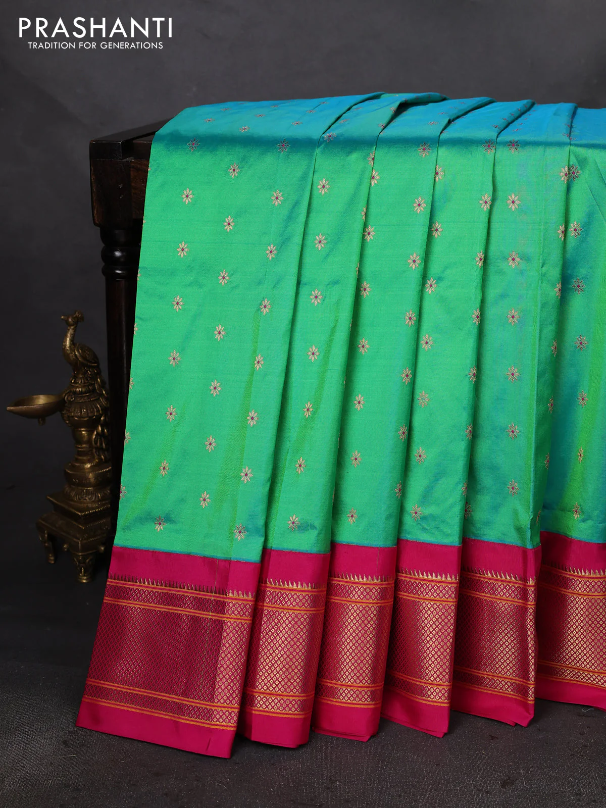 Pure paithani silk saree dual shade of teal bluish green and pink with allover zari woven buttas and paithani weaving pallu - Image 2