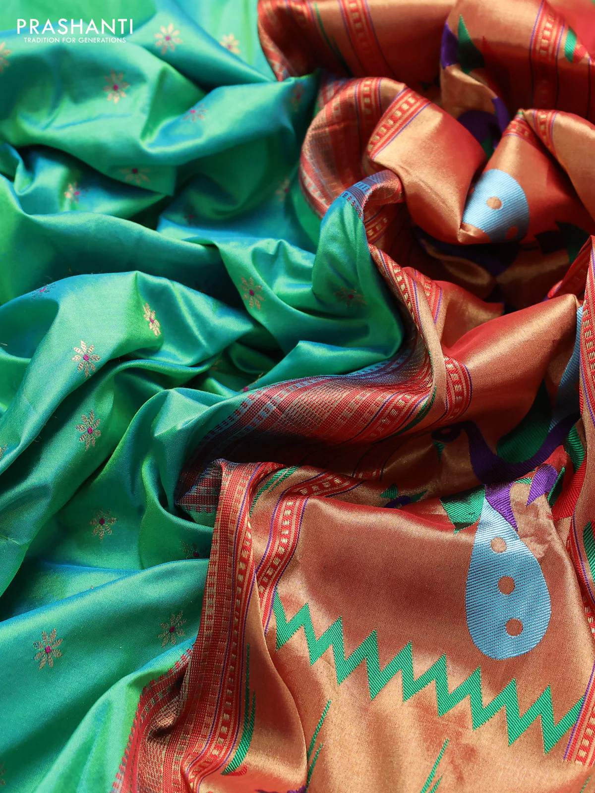 Pure paithani silk saree dual shade of teal bluish green and pink with allover zari woven buttas and paithani weaving pallu - Image 3
