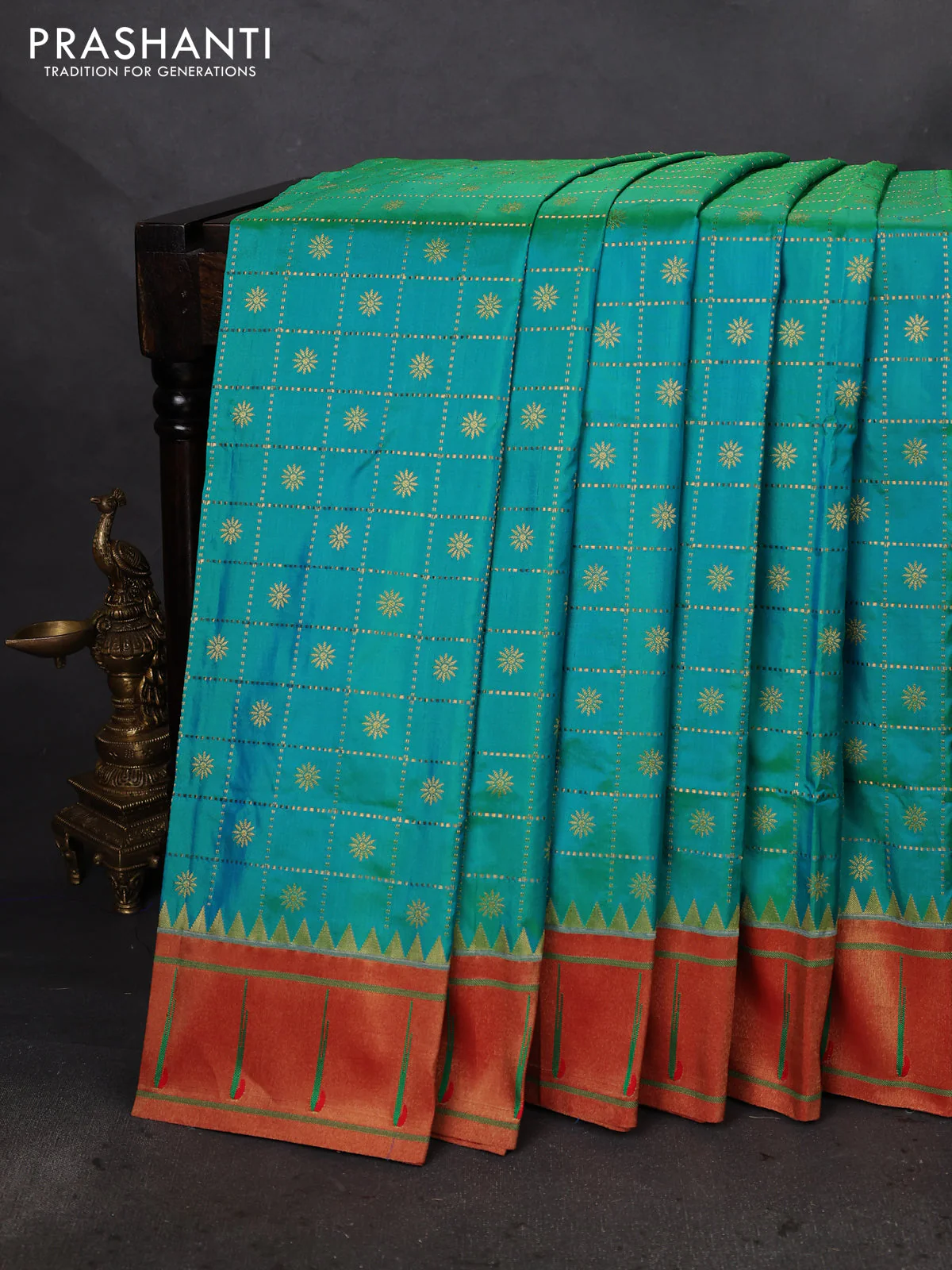 Pure paithani silk saree dual shade of teal bluish green and red with allover zari checks & buttas and zari woven muniya butta border - Image 2