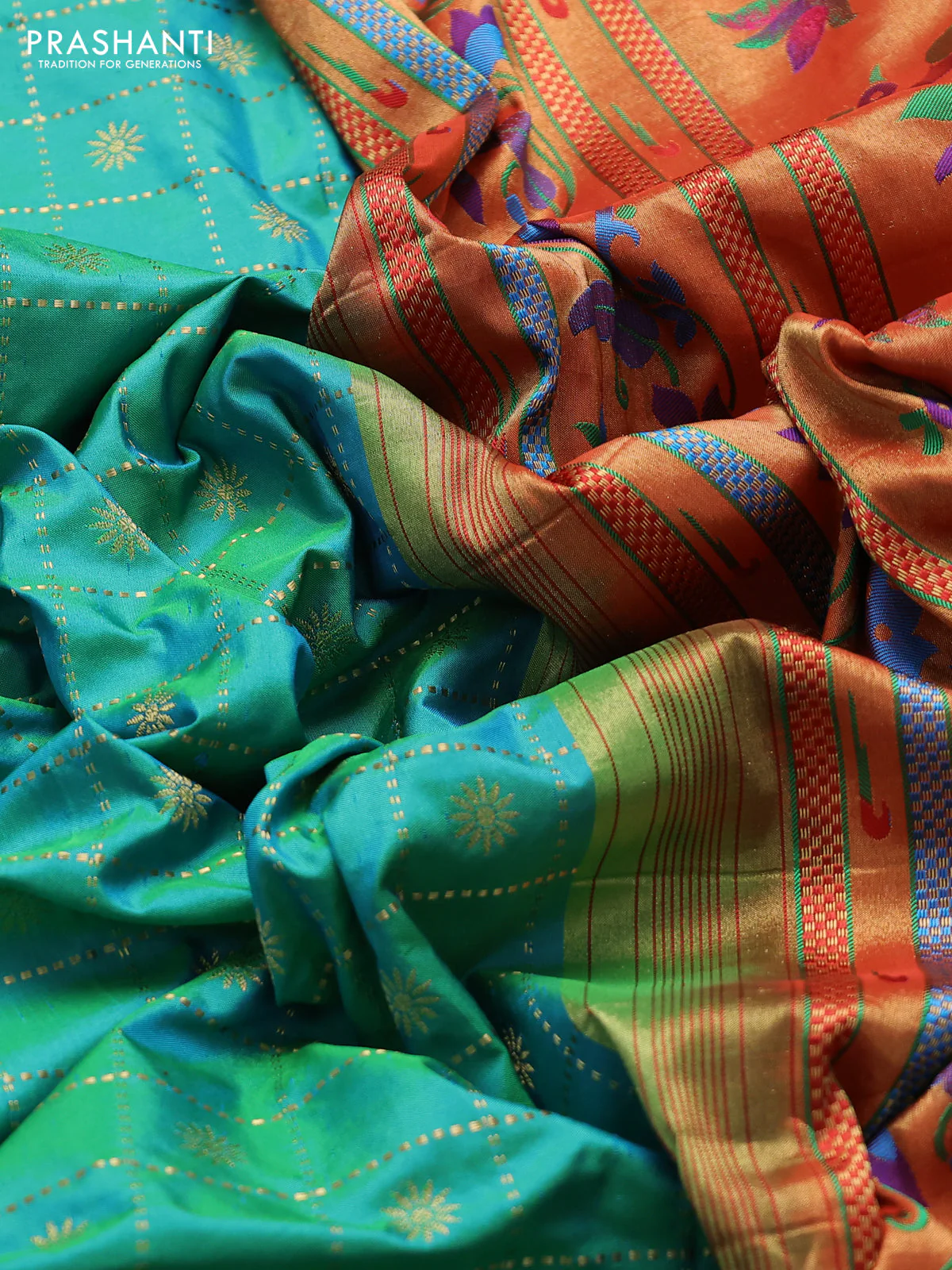 Pure paithani silk saree dual shade of teal bluish green and red with allover zari checks & buttas and zari woven muniya butta border - Image 3