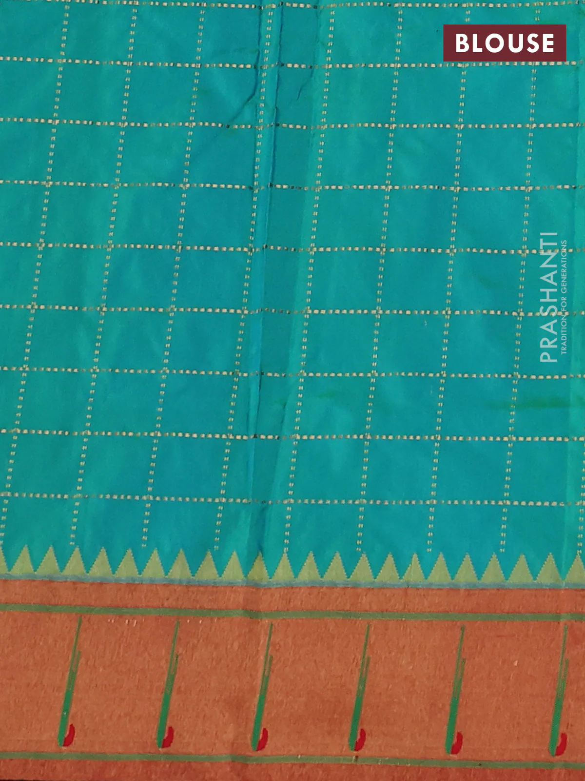 Pure paithani silk saree dual shade of teal bluish green and red with allover zari checks & buttas and zari woven muniya butta border - Image 4