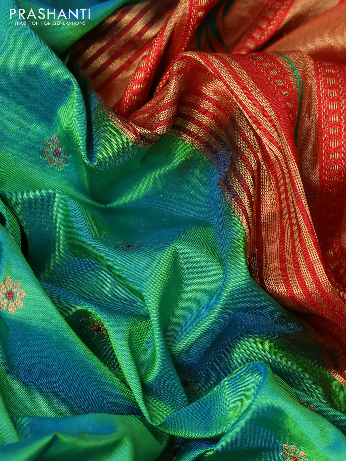 Pure paithani silk saree dual shade of teal bluish green and red with allover zari woven buttas and paithani weaving pallu - Image 3