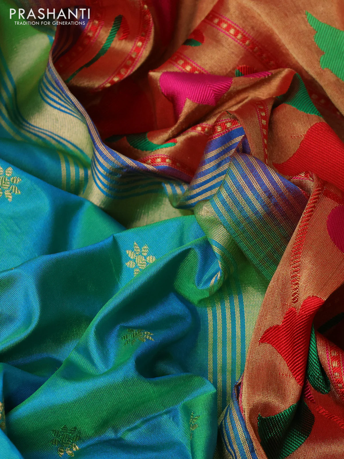 Pure paithani silk saree dual shade of teal bluish green and red with allover zari woven buttas and paithani weaving pallu - Image 3