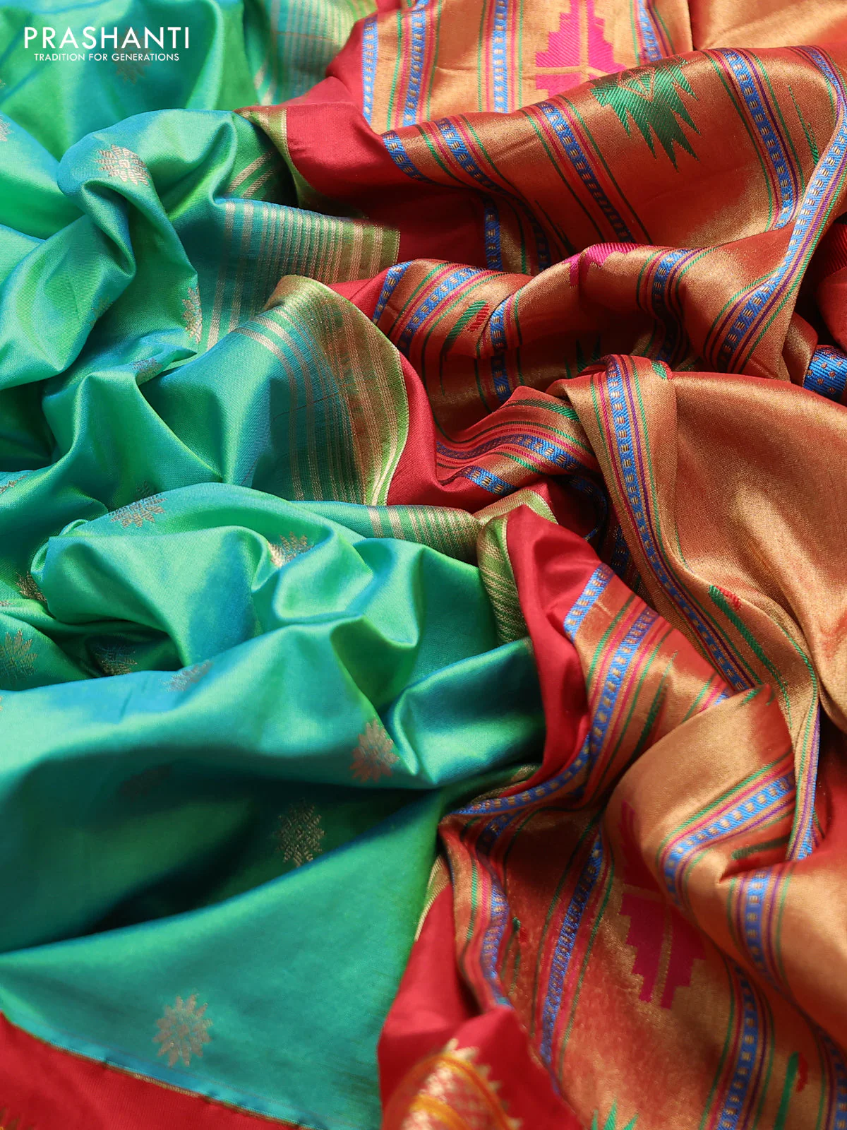 Pure paithani silk saree dual shade of teal bluish green and red with allover zari woven buttas and paithani weaving pallu - Image 3