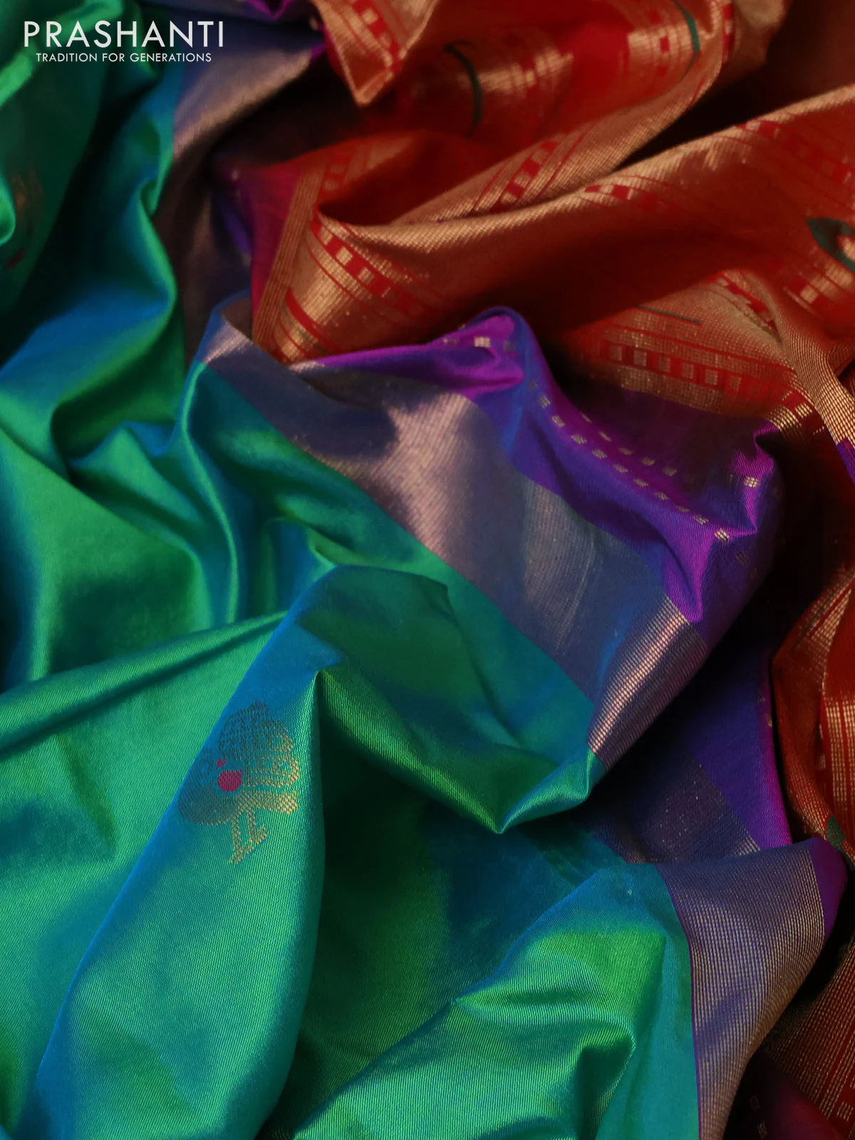 Pure paithani silk saree dual shade of teal green and pink with allover annam zari woven buttas and paithani weaving pallu - Image 3